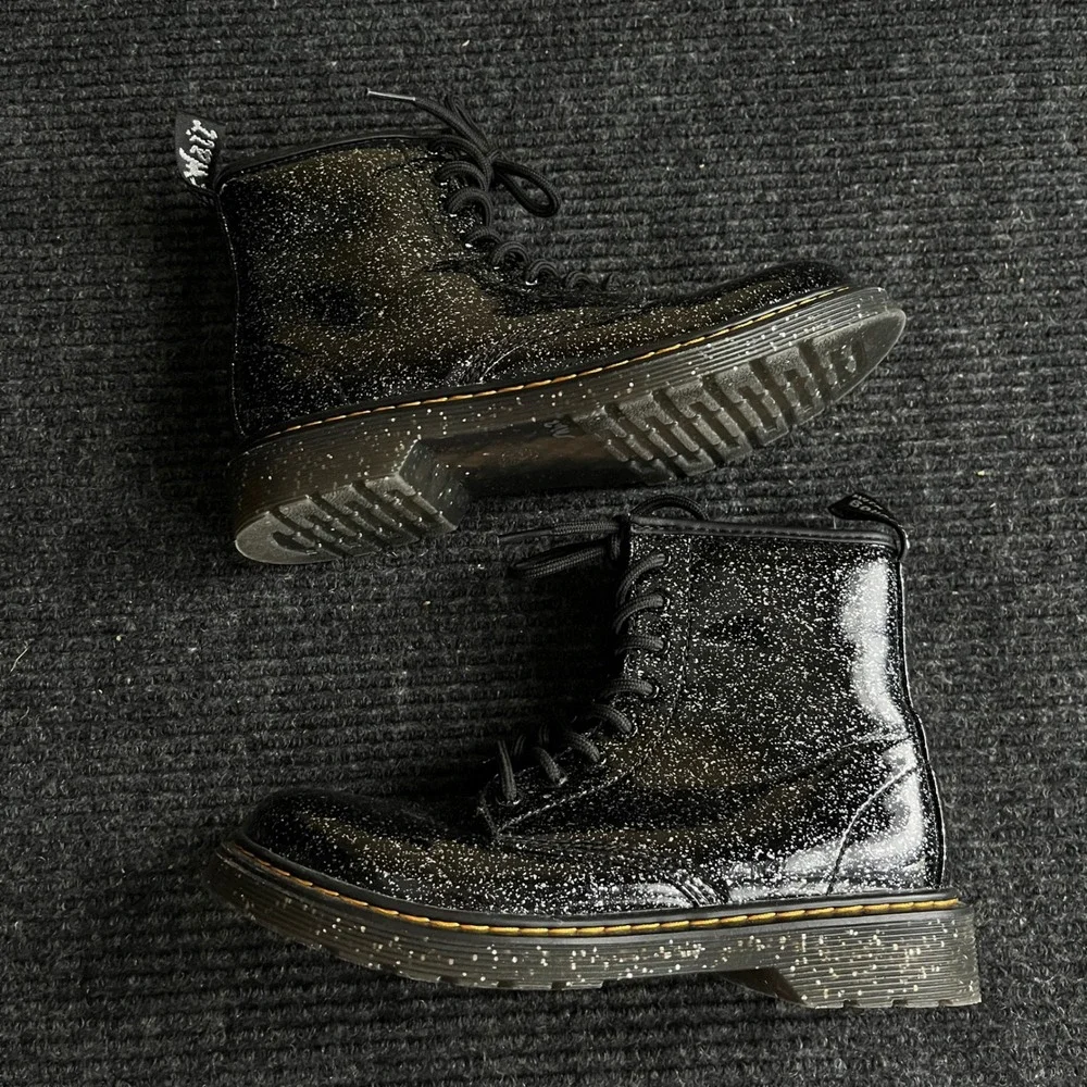 Dr. Martens 1460 J Boots Kids Size 4 Women 5 Black Glitter Zip Lace Up Combat